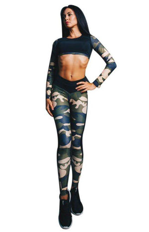 Sexy Women Tracksuit Camouflage Long Sleeve Sets Wear for Exercise Workout